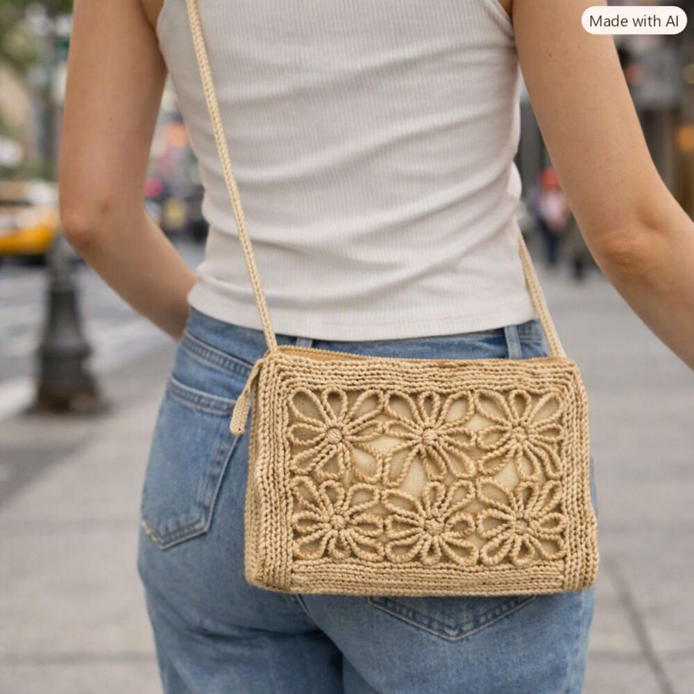 Cottagecore Natural Straw Shoulder Bag NEW Tote Floral Woven Lightweight NWT - Picture 5 of 14